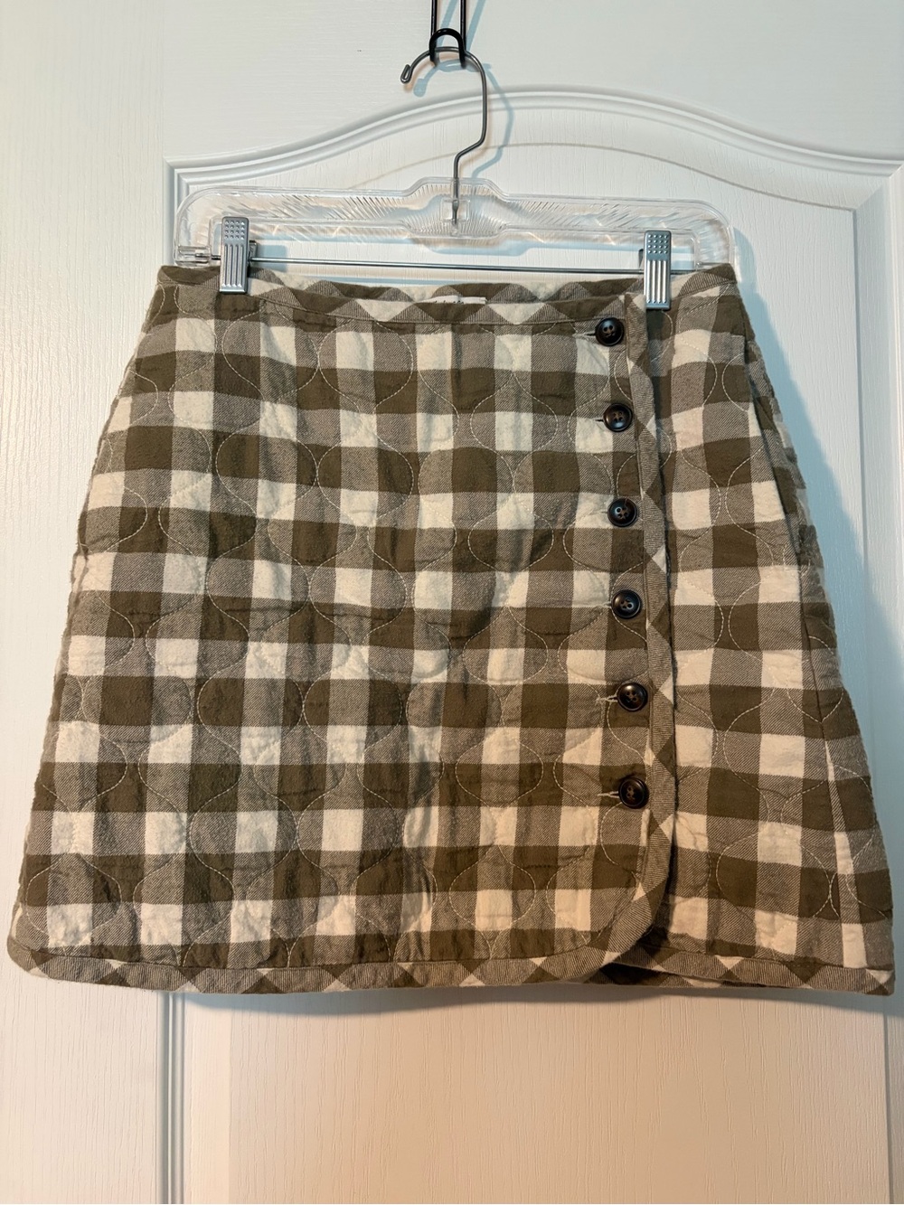 Madewell Olive/Brown and Cream Plaid Quilted Button-Front Mini Skirt
